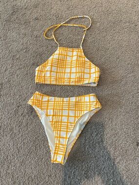 Forever 21 White and Orange Plaid Bikini Set